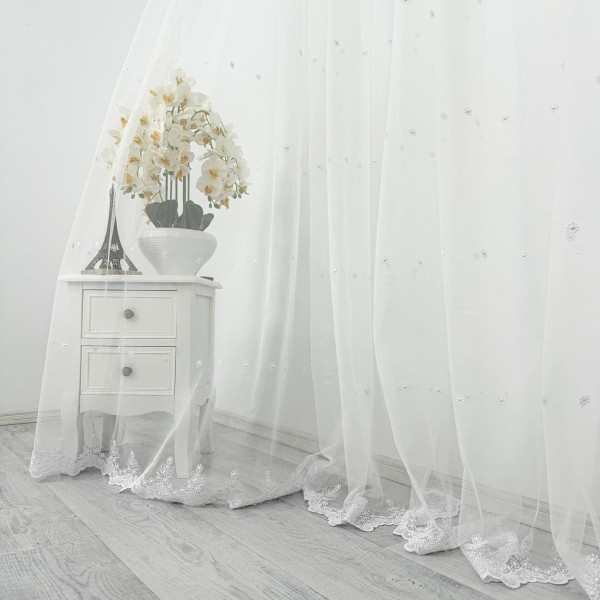 Perdea Fulgi de Nea din Tulle cu Broderie, Alb, 5m latime x 232cm inaltime, cu rejansa pentru bara [1]