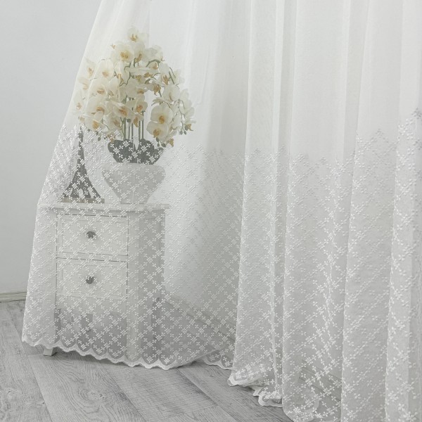 Perdea Cicek din Tulle cu Broderie - 200cm latime x 150cm inaltime  , rejansa pt. sina, Alb [1]