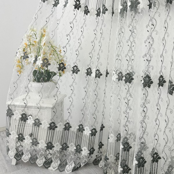 Perdea Grace din Tulle cu Broderie, model floral, Alb - Gri, 5m latime x 232cm inaltime x rejansa pt bara [1]