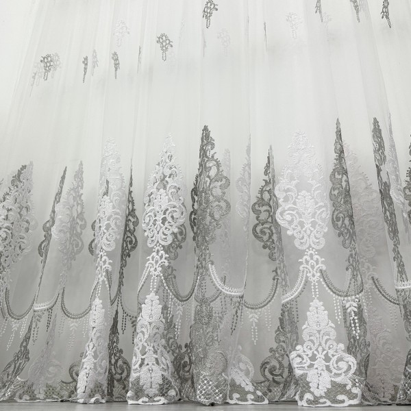 Perdea Emerald din Tulle cu Broderie - 5m latime x 232cm inaltime x Rejansa pt bara, model elegant, Alb - Gri [1]