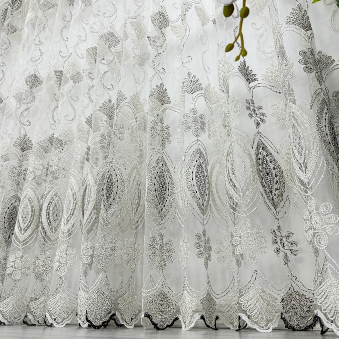 Perdea Diafane din Tulle cu Broderie, model elegant, Ivoire - Bej, 5m latime x 2.3m inaltime, cu rejansa pt bara