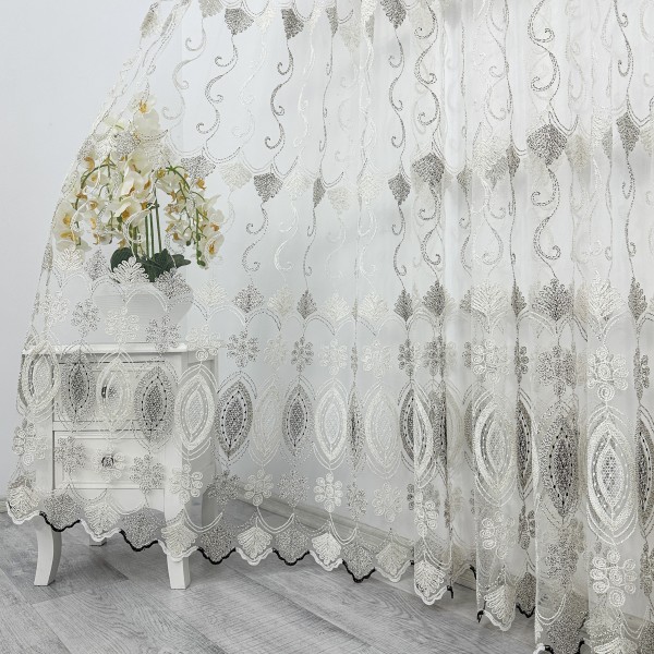 Perdea Diafane din Tulle cu Broderie, model elegant, Ivoire - Bej, 5m latime x 2.3m inaltime, cu rejansa pt bara [1]