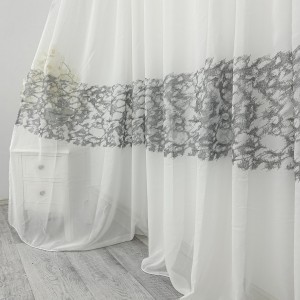 Perdea Evelyn din Voal Brodat - 100cm latime  x 240cm inaltime ,Tiv lat , model cu frunze, Ivoire - Gri