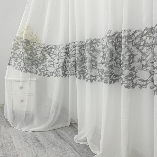 Perdea Evelyn din Voal Brodat - 100cm latime  x 240cm inaltime ,Tiv lat , model cu frunze, Ivoire - Gri [1]