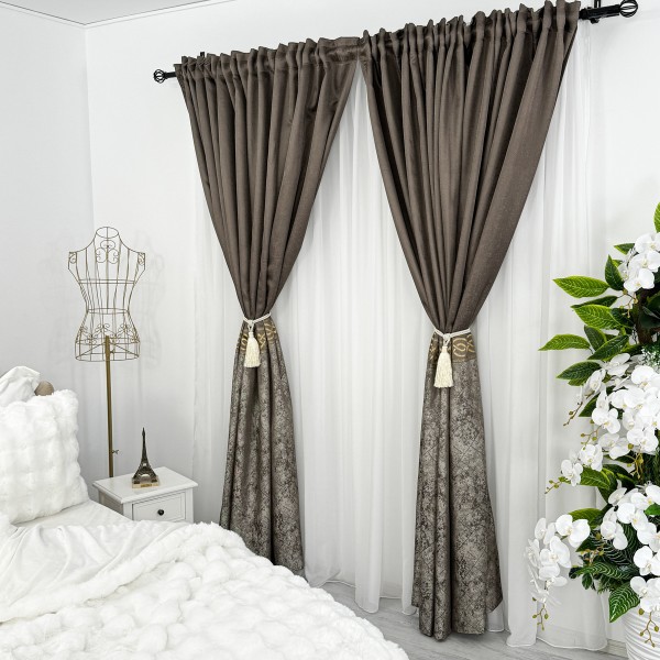 Set de 2 bucati de Draperie Royal, tip panou 3 metri latime x 232cm inaltime x rejansa pt bara, Gri cu Auriu [1]