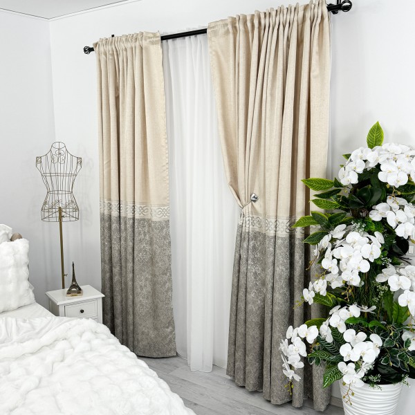 Set 2 Draperii Royal, tip panou 300cm latime x 232cm inaltime,Rejansa pt. bara , Bej cu Gri si Argintiu [1]