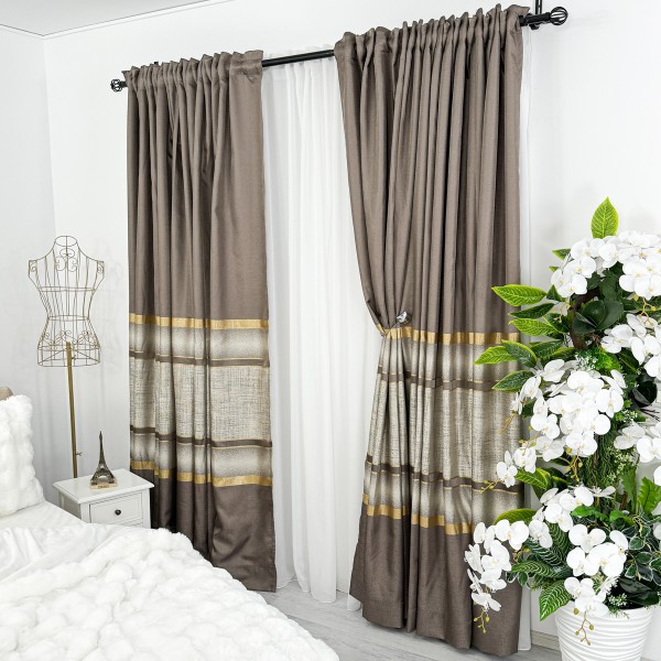 Set 2 bucati de Draperie Elite, tip panou 3 metri latime, Maro cu Auriu, 200cm latime x 232cm inaltime, cu rejansa pt bara [1]