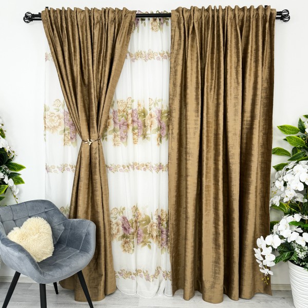 Set 2 Draperii Catifea cu model Venti - 200cm x 232cm ,  Rejansa pt. bara , Maro deschis [1]