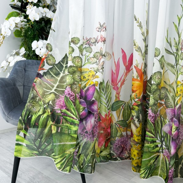 Perdea din Voal imprimat, Alb-Verde, model Jungle, 5m latime x 232cm inaltime x rejansa pt bara [1]
