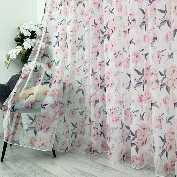 Perdea din Voal imprimat - Alb cu bujori roz, 500cm x 232cm , Rejansa pt bara [1]