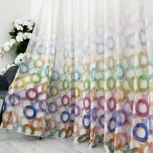 Perdea din Voal imprimat, Alb cu cercuri colorate, 140cm latime x 260cm inaltime, cu rejansa pt bara Perdea din Voal imprimat, Alb cu cercuri colorate, 140cm latime x 260cm inaltime, cu rejansa pt bara