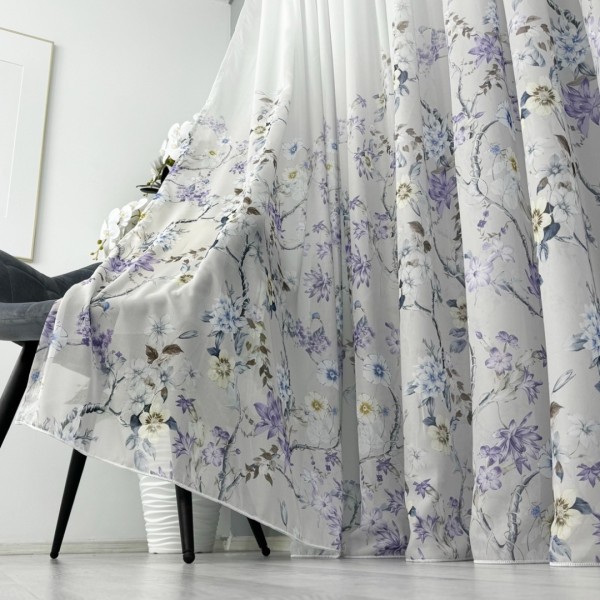 Perdea din Voal imprimat, Gri, flori, 5m latime x 232cm inaltime x rejansa pentru bara [1]