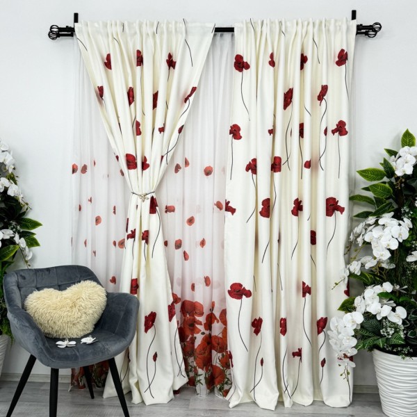Set 2 draperii satinate imprimate, Alb cu Maci rosii, 2m latime x 232cm inaltime, cu rejansa pentru bara [1]