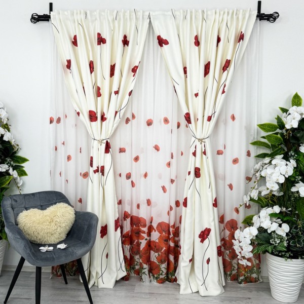 Set Perdea din Matase si Draperie Satinata imprimata, Alb cu Maci rosii, PERDEA - 1 BUC 3m latime, DRAPERIE - 2 Buc de 1m latime, inaltime 220cm, cu rejansa pt sina [1]
