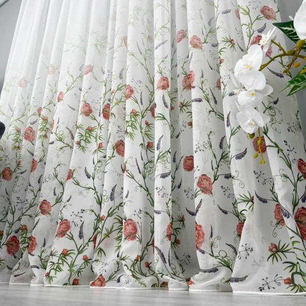 Set 2 bucati Perdea din Voal imprimat, Alb, model floral, 5m lungime x 232cm inaltime, cu rejansa pt bara [1]