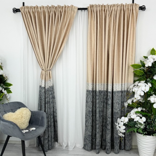 Set 2 bucati Draperie Royal, tip panou 3 metri latime, Crem cu Gri- 3m latime x 232cm inaltime , rejansa pt. bara [1]