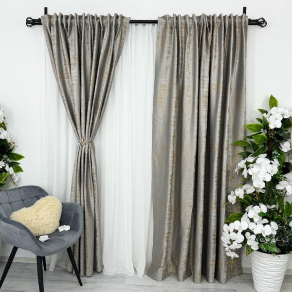 Set 2 draperii din Catifea Plisata cu opacitate ridicata, 140x245cm, cu rejansa pentru sina, Gri cu Bej [1]