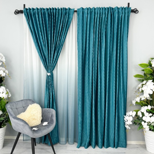 Set 2 draperii din Catifea Plisata cu opacitate ridicata, Turquoise, 1.4m latime x 2.7m inaltime, cu rejansa pentru sina [1]