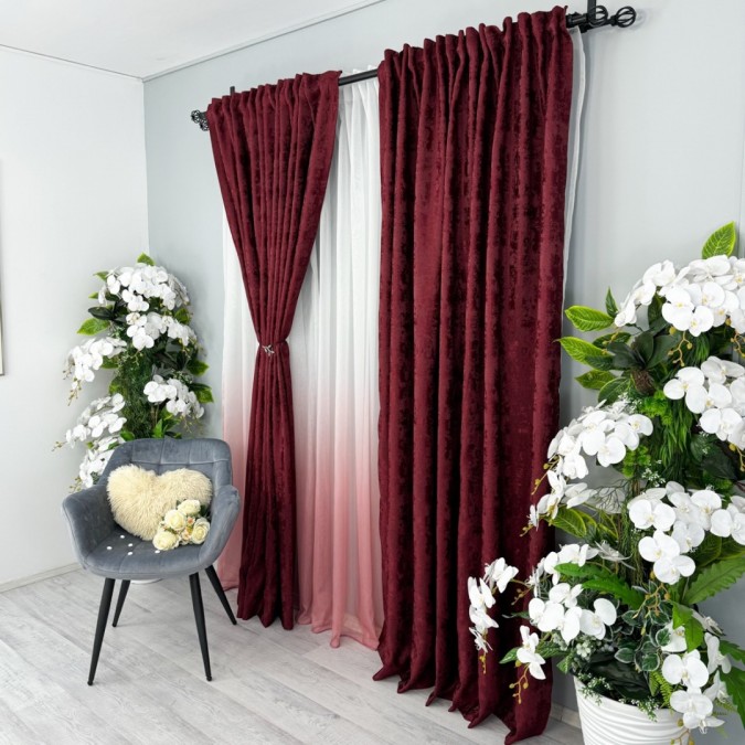 Set 2 Draperii din Jacquard model Nisip, Visiniu, latime 1.4m x inaltime 2m, cu rejansa pt sina