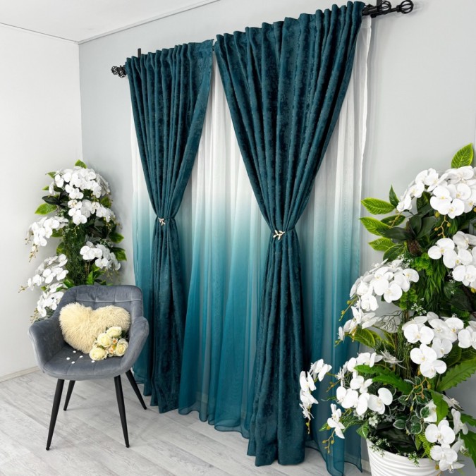 Set 6 draperii din Jacquard model Nisip, Turquoise, 1m latime x 2m inaltime, cu rejansa pentru sina