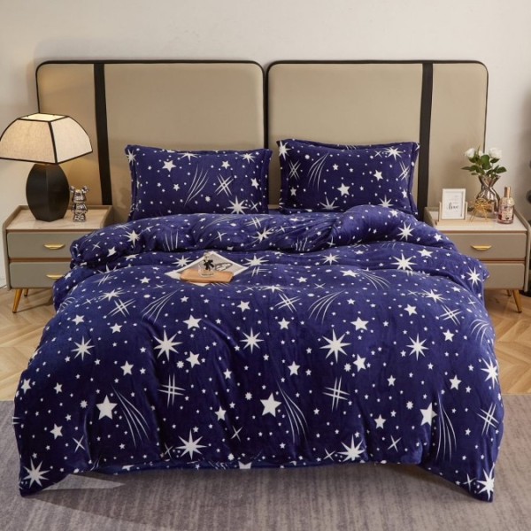 Lenjerie pentru Pat Dublu, Cocolino Premium, 4 Piese – Plușată, Groasă, și Călduroasă, Ideală pentru Iarnă –  Confort Maxim, Antișifonare, Bleumarin, ploaie de stele [1]