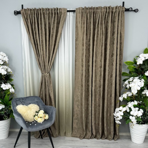 Set 2 draperii din Jacquard model Nisip, Maro deschis, 2m latime x 232cm inaltime, cu rejansa pentru bara [1]