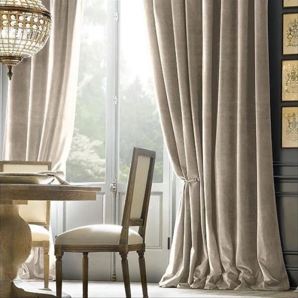 Set 2 Draperii Blackout din catifea Bej, 100cm x 205cm, cu rejansa pentru bara [1]