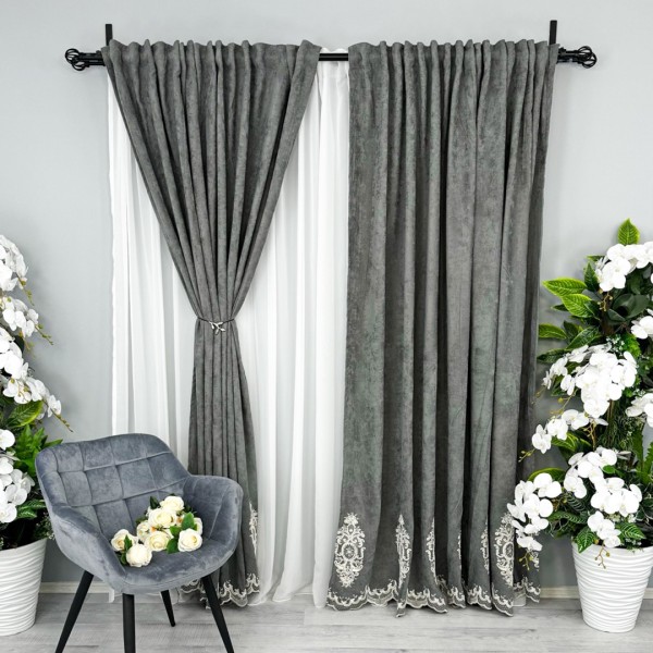 Set 2 Draperii Blackout 80%, din Catifea cu Broderie, 200cm x 232cm, Rejansa pt. bara,  Elite V3, Gri [1]