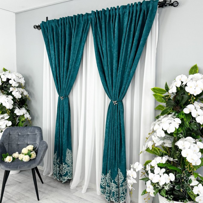 Set 2 Draperii Blackout 80%, din Catifea cu Broderie, Elite V2, Turquoise, 2m latime x 232cm inaltime x rejansa pt bara