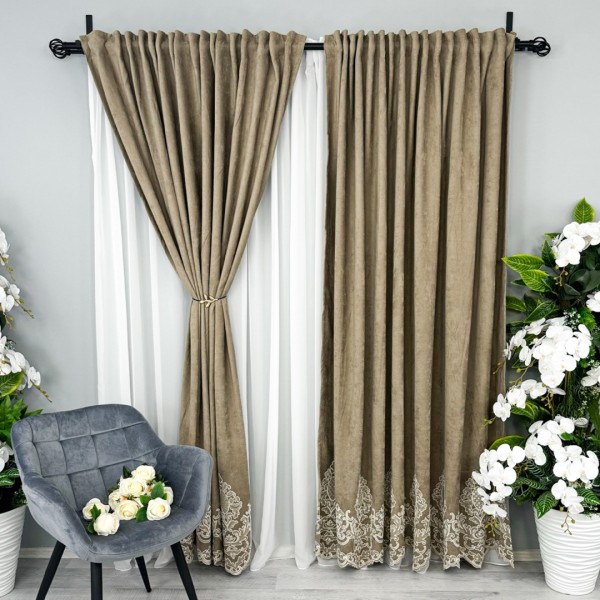 Draperie Blackout 80%, din Catifea cu Broderie, 140cm latime x 260cm înălțime, cu TIV LAT, Elite V2, Bej [1]