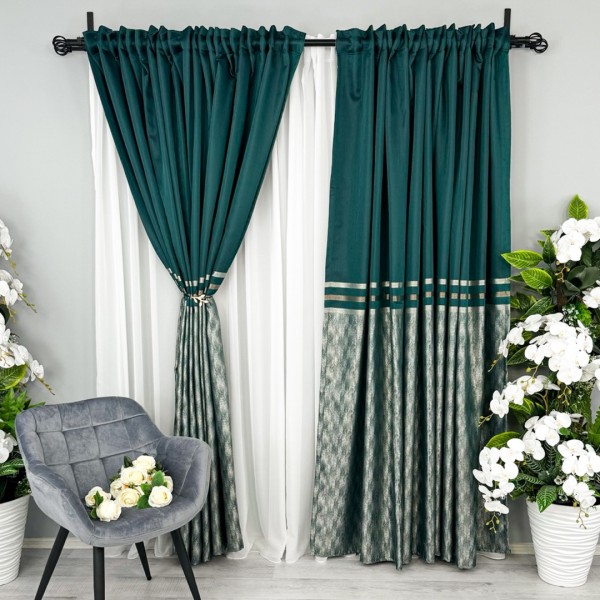 Set 2 Draperii Lines, tip panou 3 metri latime x 232cm inaltime x rejansa pt bara, Verde cu Bej [1]