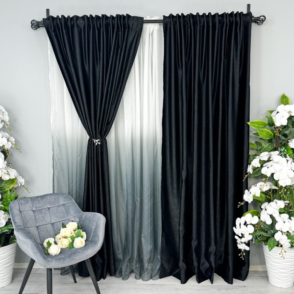 Draperie Soft Touch, Negru, 200cm latime x 232cm inactive, cu rejansa pentru bara [1]