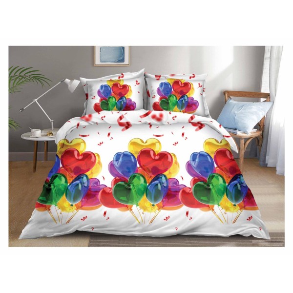 Lenjerie pat dublu (140x200cm, 160x200cm, 180x200cm), cearsaf clasic, imprimeu 3D, Alb, Baloane inimioare [1]