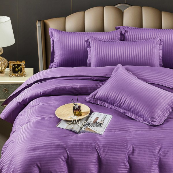 Lenjerie HoReCa, pat dublu, Damasc Finetat Deluxe cu Elastic, 6 piese, Jojo Home, Mov [1]