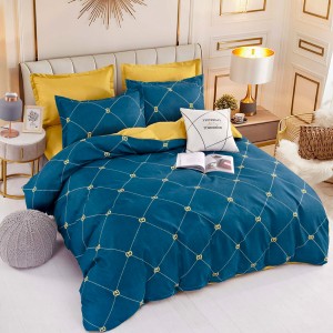 Lenjerie pat dublu,  FINET, 6 piese, Jojo Home, Bleumarin-Mustar, dungi