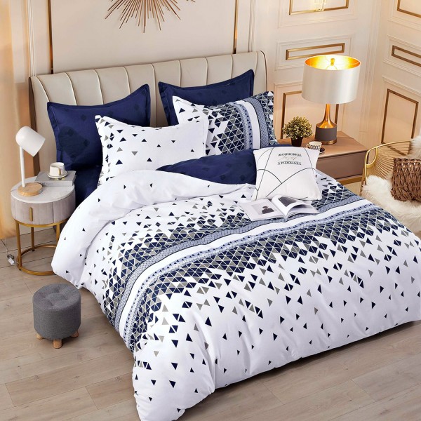 Lenjerie pat dublu,  FINET, 6 piese, Jojo Home, Alb-Bleumarin, forme geometrice [1]