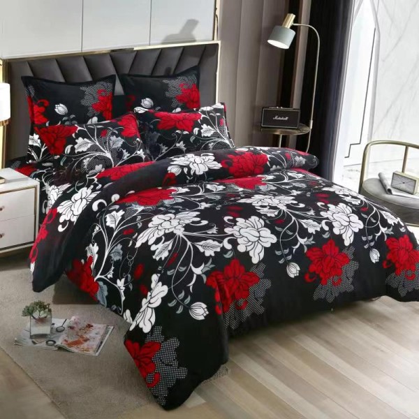 Lenjerie pat dublu, Super Pufoasa COCOLINO, 4 piese, Negru, flori [1]