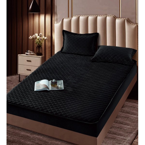 Husã matlasatã tip topper din catifea, 160x200cm + 2 fete de perna 50x70cm, Negru [1]