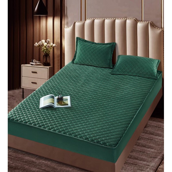 Husã matlasatã tip topper din catifea, 180x200cm + 2 fete de perna 50x70cm, verde smarald [1]
