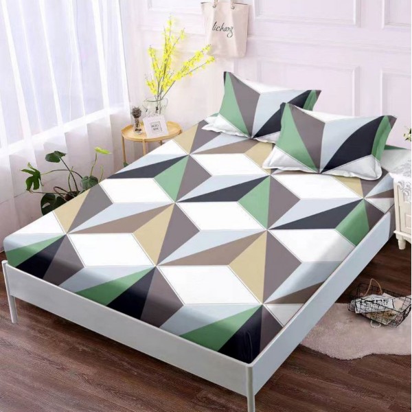 Cearsaf cu elastic, Bumbac FINET, 160x200cm, 2 fete de perne 50x70cm, Verde, forme geometrice [1]