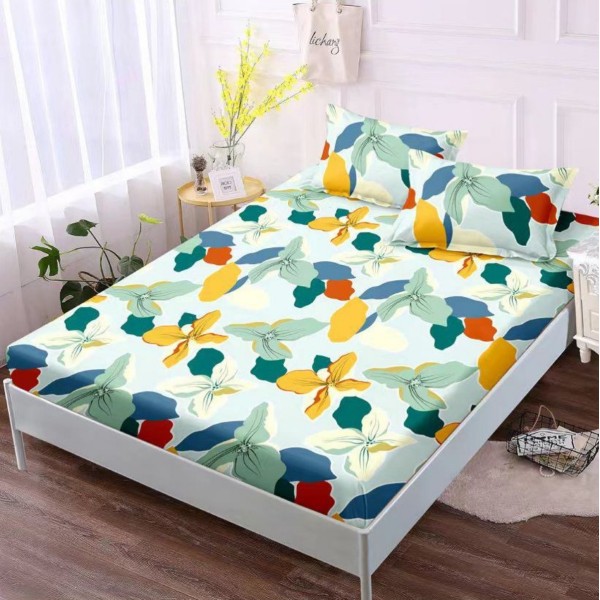 Cearsaf cu elastic, Bumbac FINET, 160x200cm, 2 fete de perne 50x70cm, Verde, flori [1]