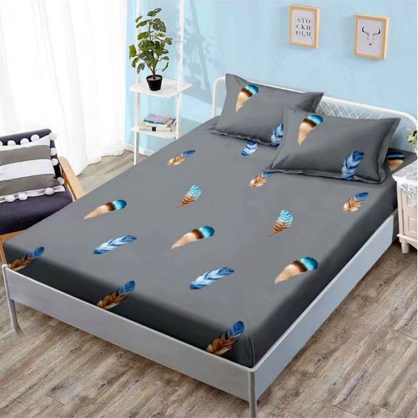 Cearsaf cu elastic, Bumbac FINET, 160x200cm, 2 fete de perne 50x70cm, Gri, pene [1]