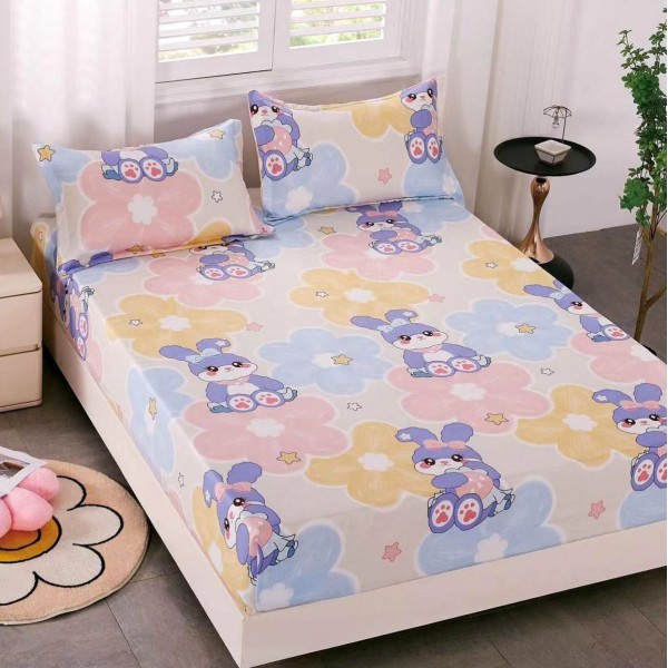 Cearsaf cu elastic, Bumbac FINET, 160x200cm, 2 fete de perne 50x70cm, Mov, iepurasi [1]