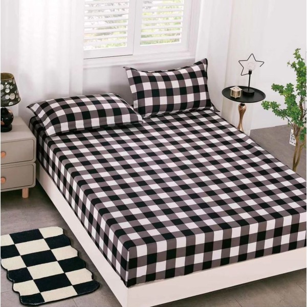 Cearsaf cu elastic, Bumbac FINET, 160x200cm, 2 fete de perne 50x70cm, Gri, patratele [1]