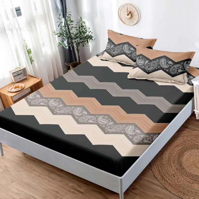 Cearsaf cu elastic Bumbac FINET 160x200cm 2 fete de perne 50x70cm Negru zig zag