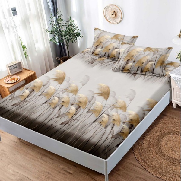 Cearsaf cu elastic, Bumbac FINET, 160x200cm, 2 fete de perne 50x70cm, Gri, stuf [1]