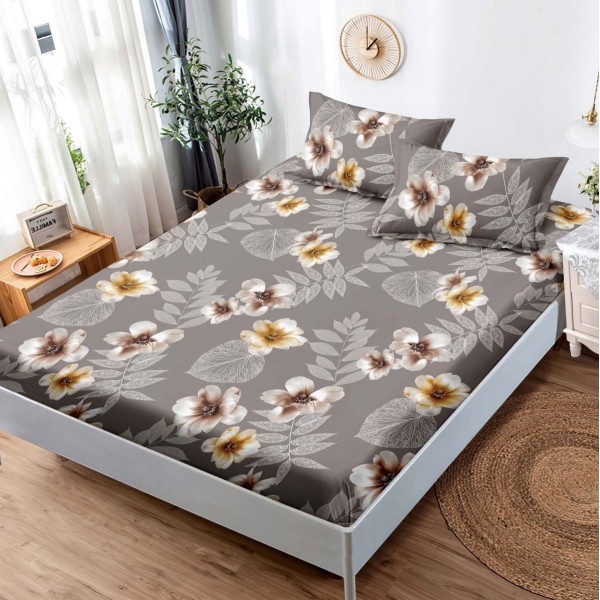 Cearsaf cu elastic, Bumbac FINET, 160x200cm, 2 fete de perne 50x70cm, Bej, flori [1]