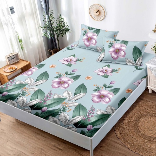 Cearsaf cu elastic, Bumbac FINET, 160x200cm, 2 fete de perne 50x70cm, Verde, flori [1]