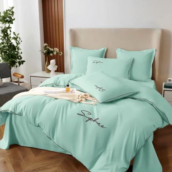 Lenjerie pat dublu cu broderie, Bumbac Satinat Deluxe, 6 piese, Aqua [1]