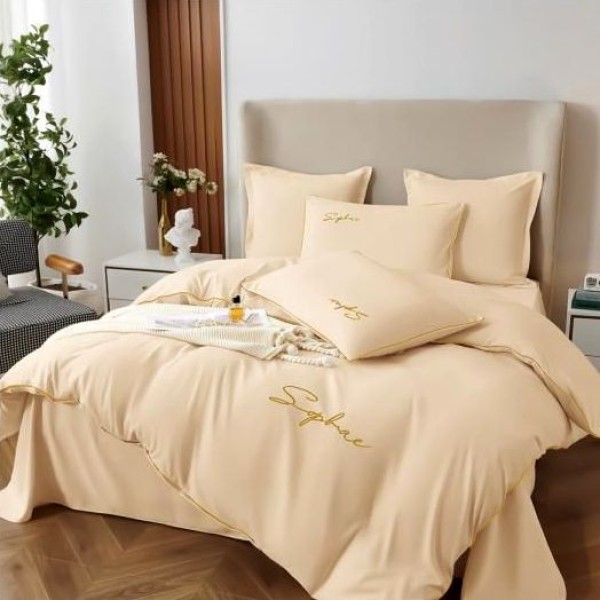 Lenjerie pat dublu cu broderie, Bumbac Satinat Deluxe, 6 piese, Crem [1]